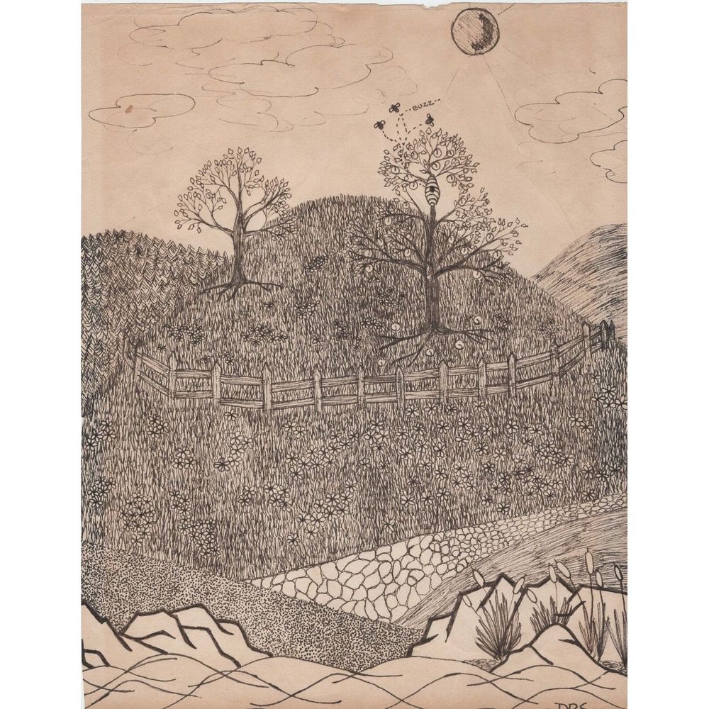 Original Pen and Ink Landscape Drawing Beehive Orchard Folk Art Signed DRS